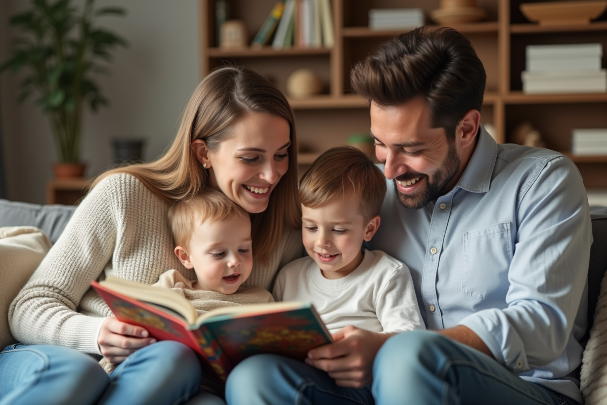 Famille lisant un livre coloré dans un salon chaleureux