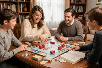 Famille jouant au Monopoly classique autour d'une table en bois avec le livret de règles ouvert