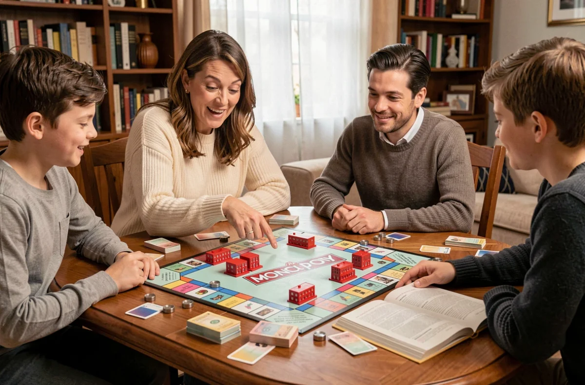 Famille jouant au Monopoly classique autour d'une table en bois avec le livret de règles ouvert