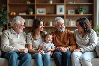 Famille multigenerations assise sur un canapé moderne