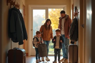 Famille préparant ses bagages pour les vacances scolaires d'octobre dans une entrée de maison