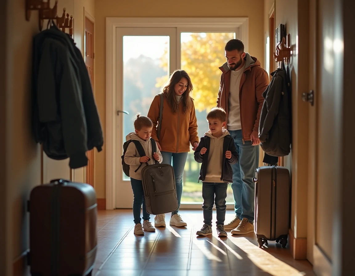 Famille préparant ses bagages pour les vacances scolaires d'octobre dans une entrée de maison