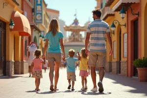 Famille avec deux jeunes enfants se promenant dans les allées colorées du parc PortAventura en été