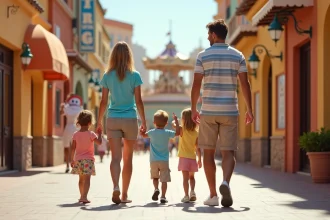 Famille avec deux jeunes enfants se promenant dans les allées colorées du parc PortAventura en été