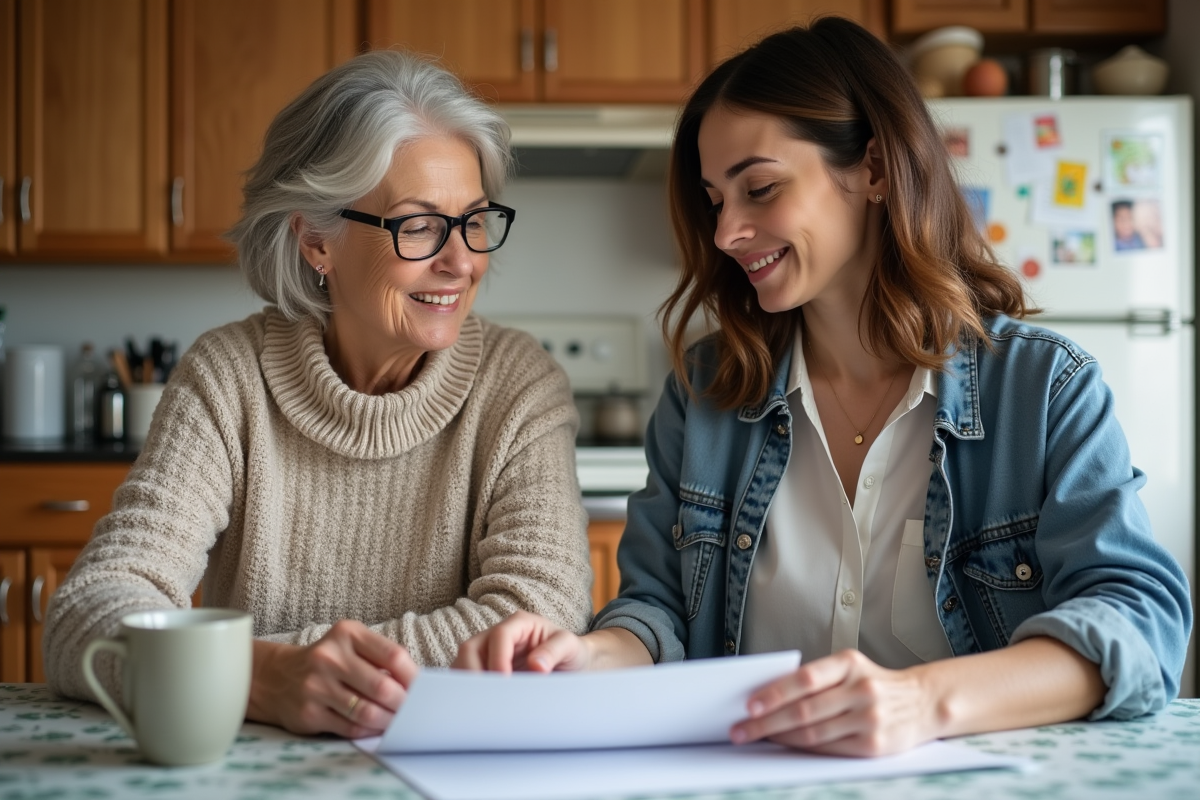 Femme âgée aidée par sa fille à organiser des papiers dans la cuisine