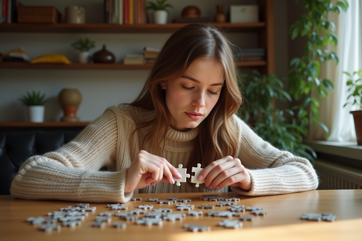 Jeune femme concentrée avec puzzle dans un salon lumineux