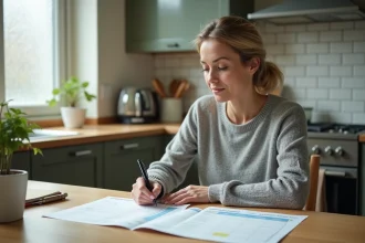 Femme consultant son budget mensuel et ses relevés bancaires pour anticiper le versement du RSA et éviter un découvert