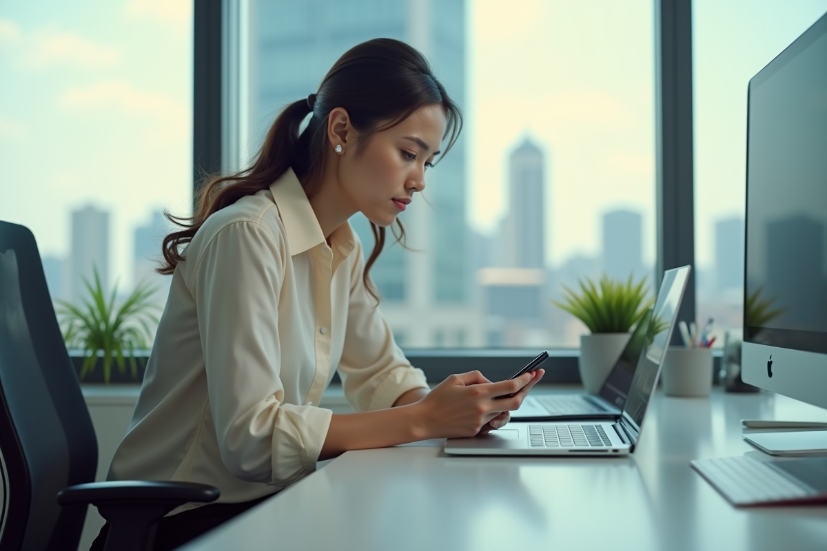 Femme d affaires utilisant son smartphone au bureau