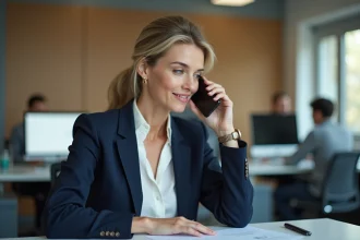 Femme professionnelle en blazer marine téléphonant depuis son bureau pour contacter l'Agence Paie et Famille SNCF