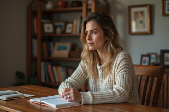 Femme réfléchissant à un cadeau d anniversaire dans un intérieur chaleureux
