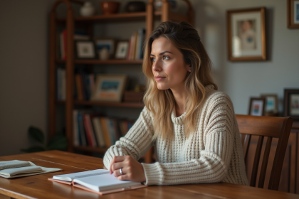 Femme réfléchissant à un cadeau d anniversaire dans un intérieur chaleureux