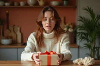 Femme surprise en train de déballer un cadeau inattendu dans une cuisine chaleureuse, expression authentique de gratitude