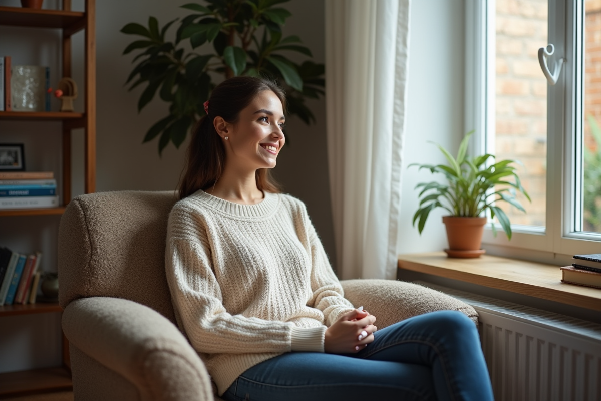 Jeune femme dans un salon cosy regardant par la fenêtre