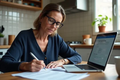 Femme remplissant un dossier de demande d'aide CAF 2026 à la table de sa cuisine avec des documents administratifs et un ordinateur portable