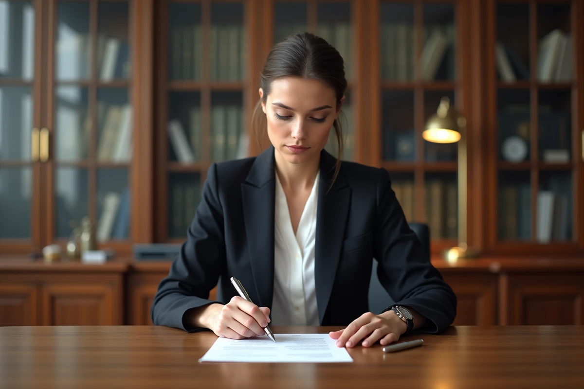 Femme examinant des documents de divorce chez un notaire, symbolisant les démarches juridiques liées à la séparation en France