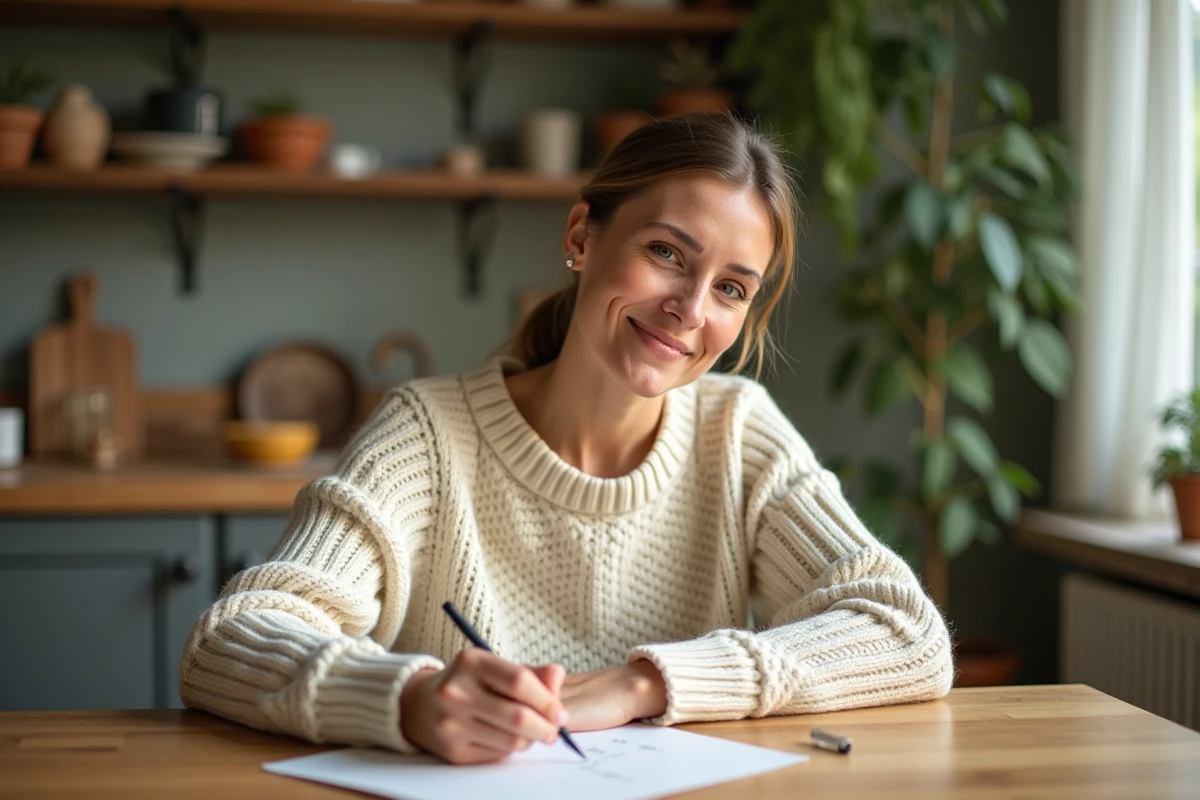 Femme écrivant un message sincère sur une carte faite maison à une table en bois dans une cuisine chaleureuse