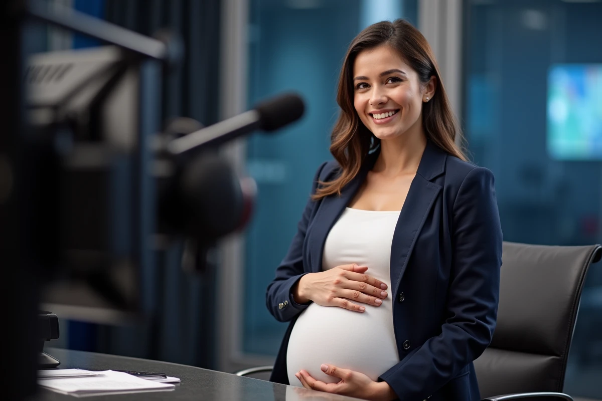 Femme enceinte présentatrice de télévision dans un studio professionnel, avec un baby bump visible sous un blazer marine