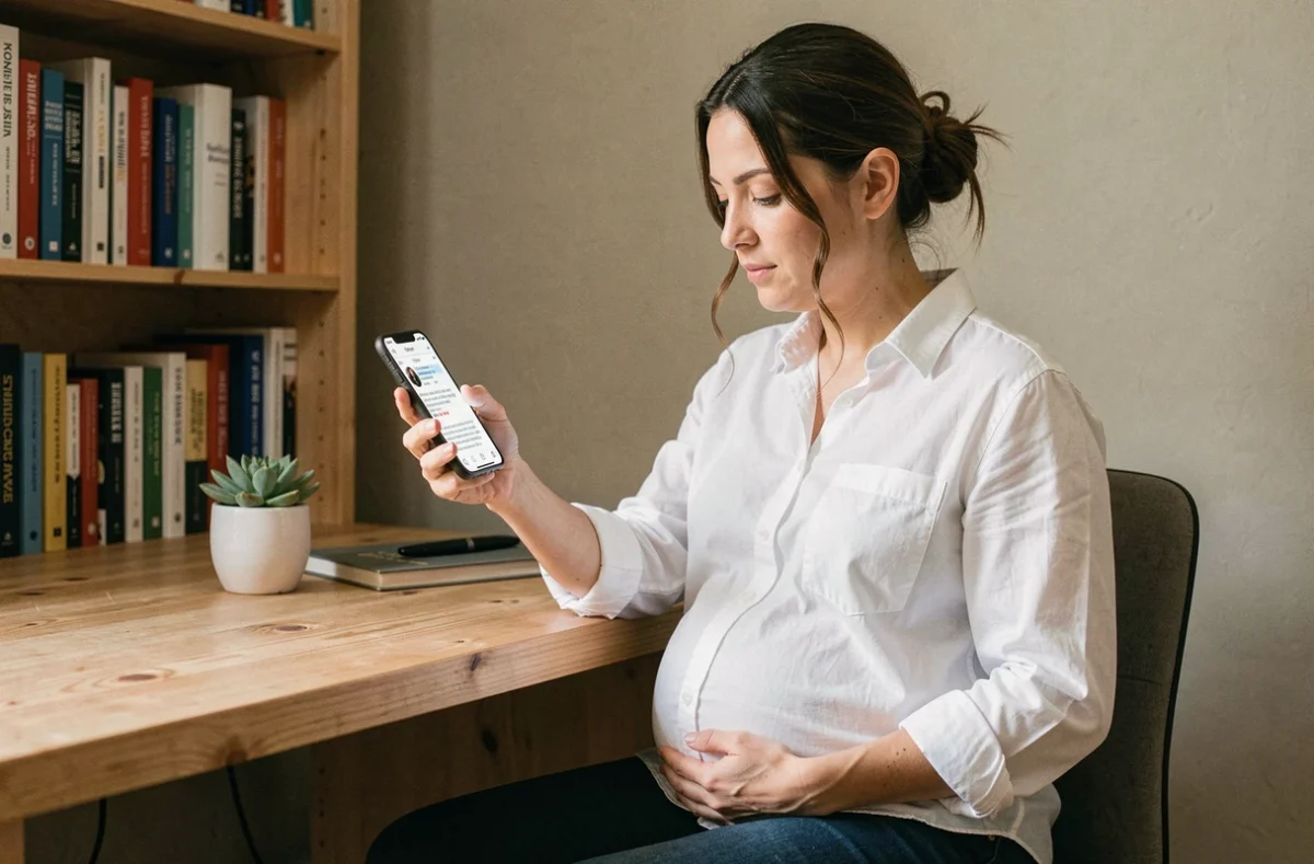 Femme enceinte consultant les réseaux sociaux sur son smartphone dans un bureau à domicile