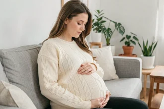 Femme enceinte tenant son ventre avec tendresse assise dans un salon moderne et chaleureux