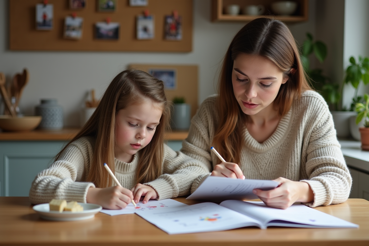 Femme et fille lisant à la cuisine chaleureuse