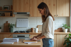 Femme envoie des lettres dans une cuisine moderne