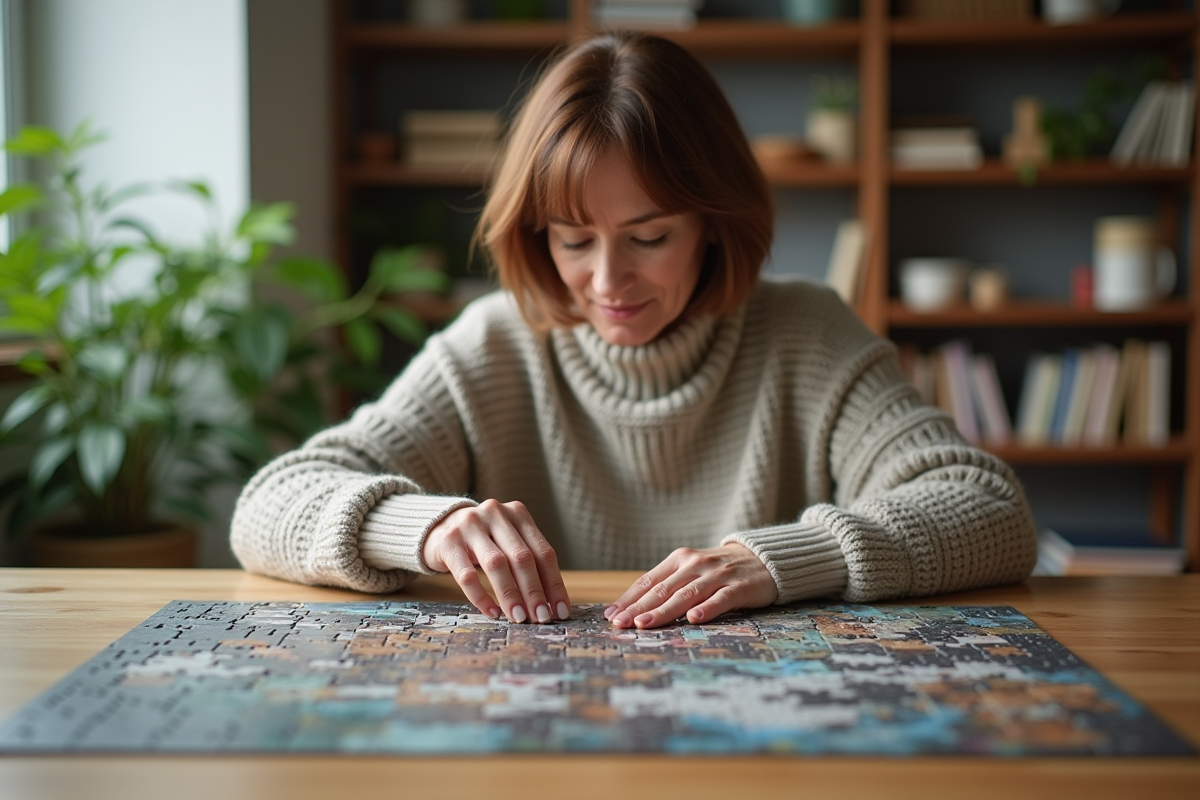 Femme d'âge moyen assemble un puzzle dans un salon lumineux