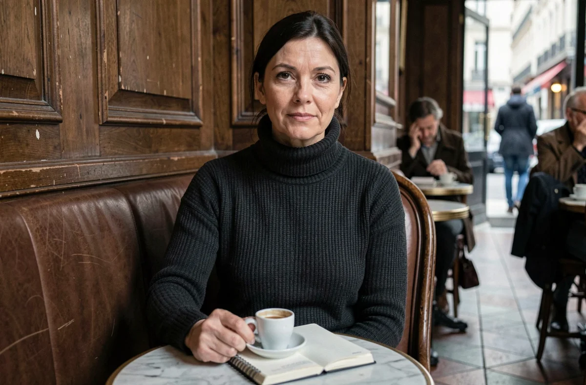 Femme intellectuelle française dans un café parisien, carnet ouvert sur table en marbre, portrait discret et intime