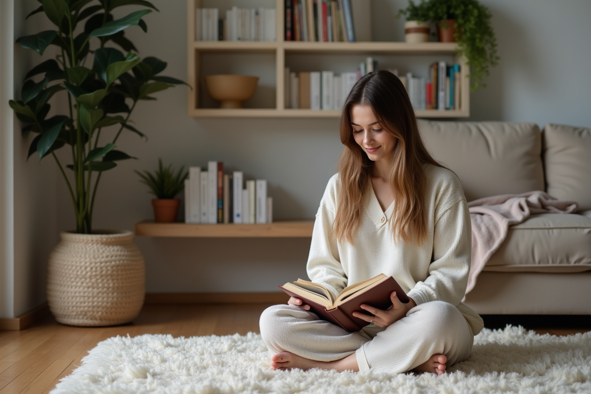 Jeune femme lisant dans un salon confortable