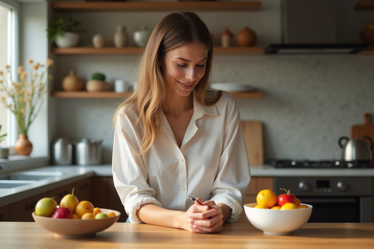 Jeune femme examine deux bols de fruits dans la cuisine