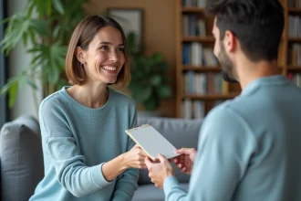 Femme souriante offre une note à un jeune homme dans un bureau
