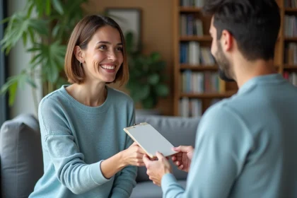 Femme souriante offre une note à un jeune homme dans un bureau