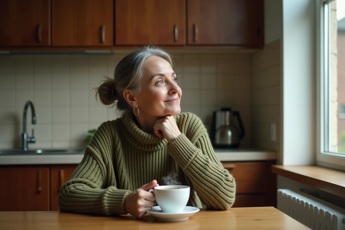Femme pensive à une table de cuisine tenant un café, illustrant la vie privée et le quotidien discret d'une ex-femme de célébrité