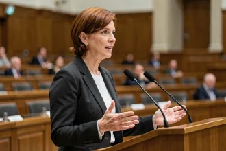 Femme politique européenne prenant la parole à un pupitre lors d'une session parlementaire officielle