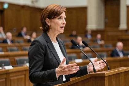 Femme politique européenne prenant la parole à un pupitre lors d'une session parlementaire officielle