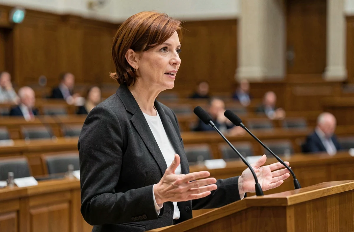 Femme politique européenne prenant la parole à un pupitre lors d'une session parlementaire officielle