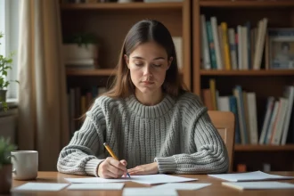 Femme rédigeant un courrier de congé parental à son bureau à domicile