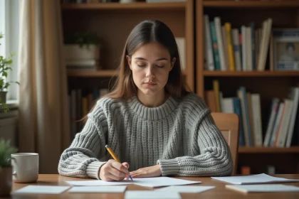 Femme rédigeant un courrier de congé parental à son bureau à domicile