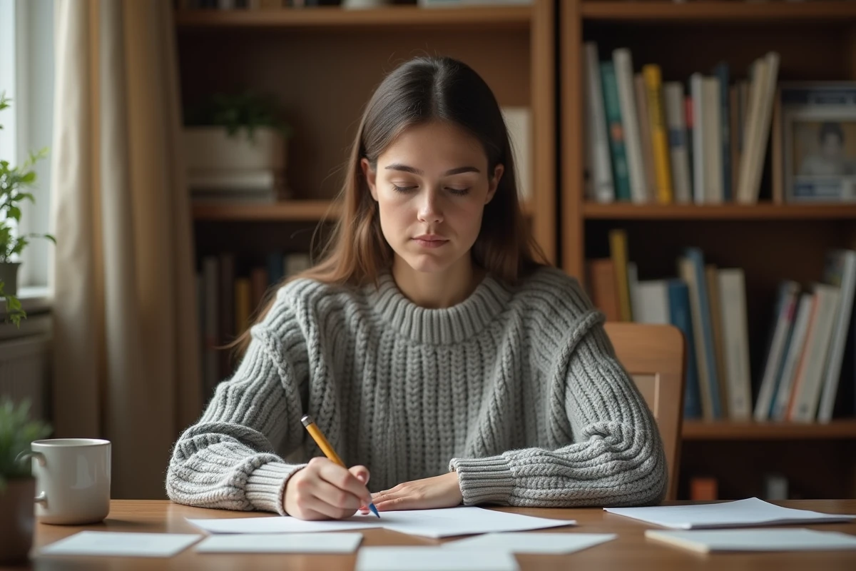 Femme rédigeant un courrier de congé parental à son bureau à domicile