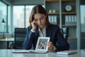 Jeune femme en bureau contemplant une photo de famille