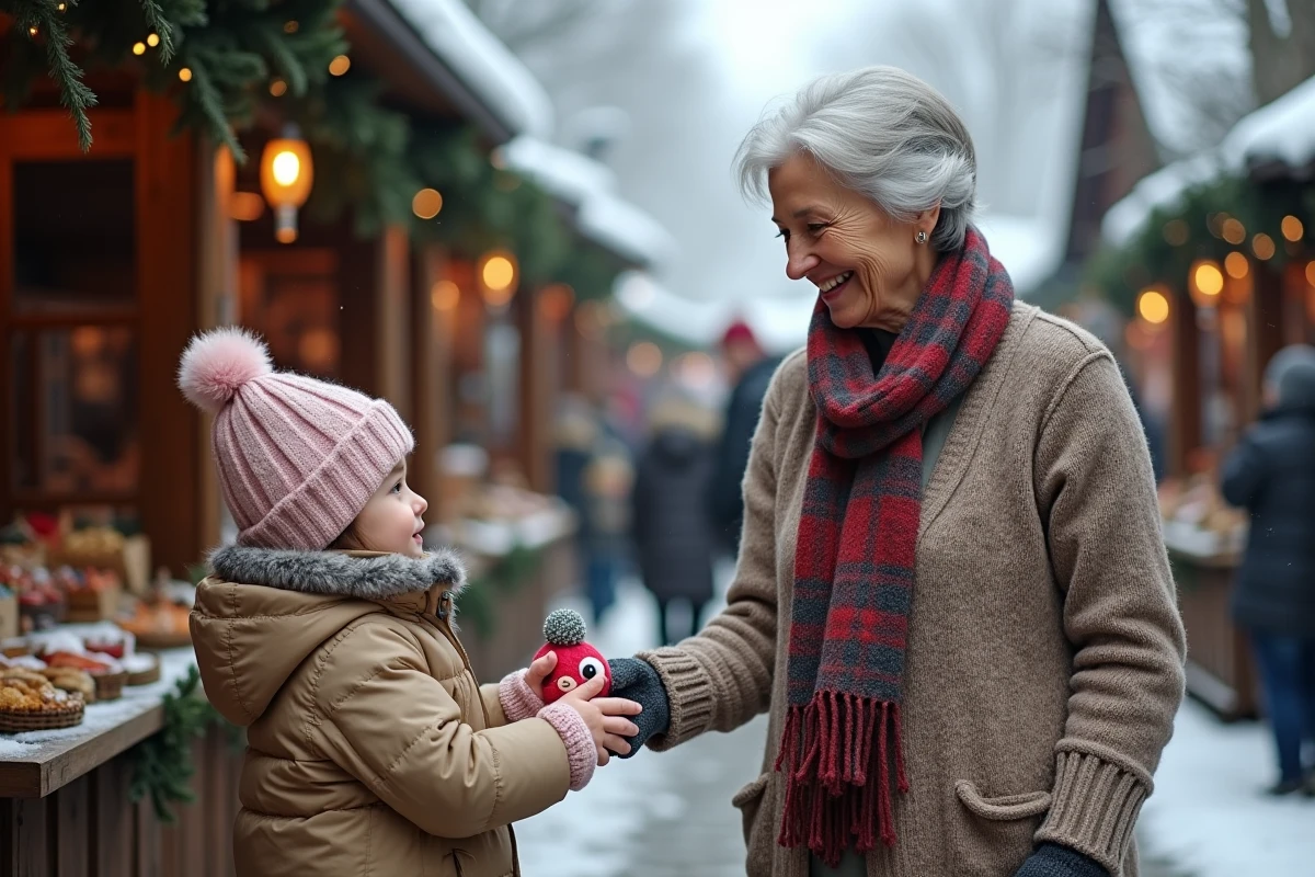 Femme âgée donnant un jouet à une petite fille au marché hivernal