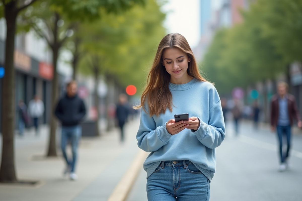 Femme dans la ville regardant son téléphone