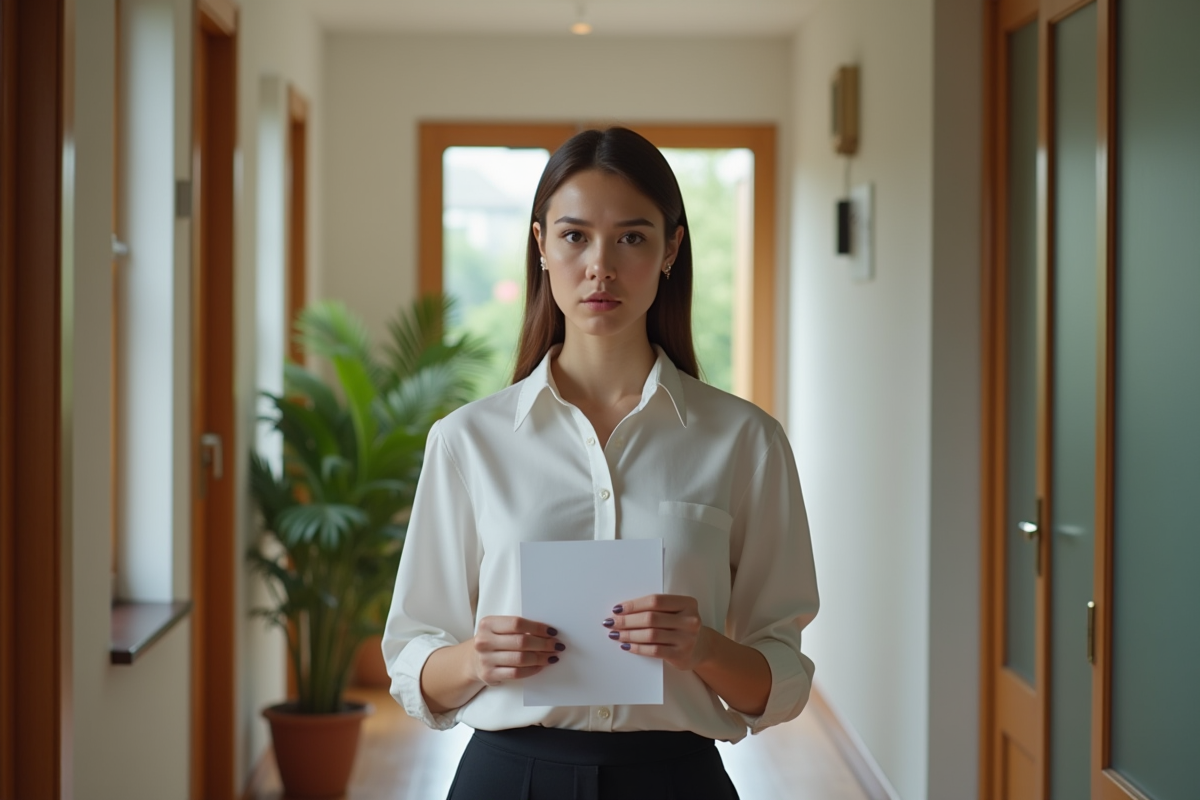 Jeune femme dans un couloir d appartement tenant une note