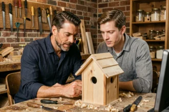 Homme adulte apprenant la menuiserie avec un mentor dans un atelier artisanal, symbolisant la transmission et la figure paternelle