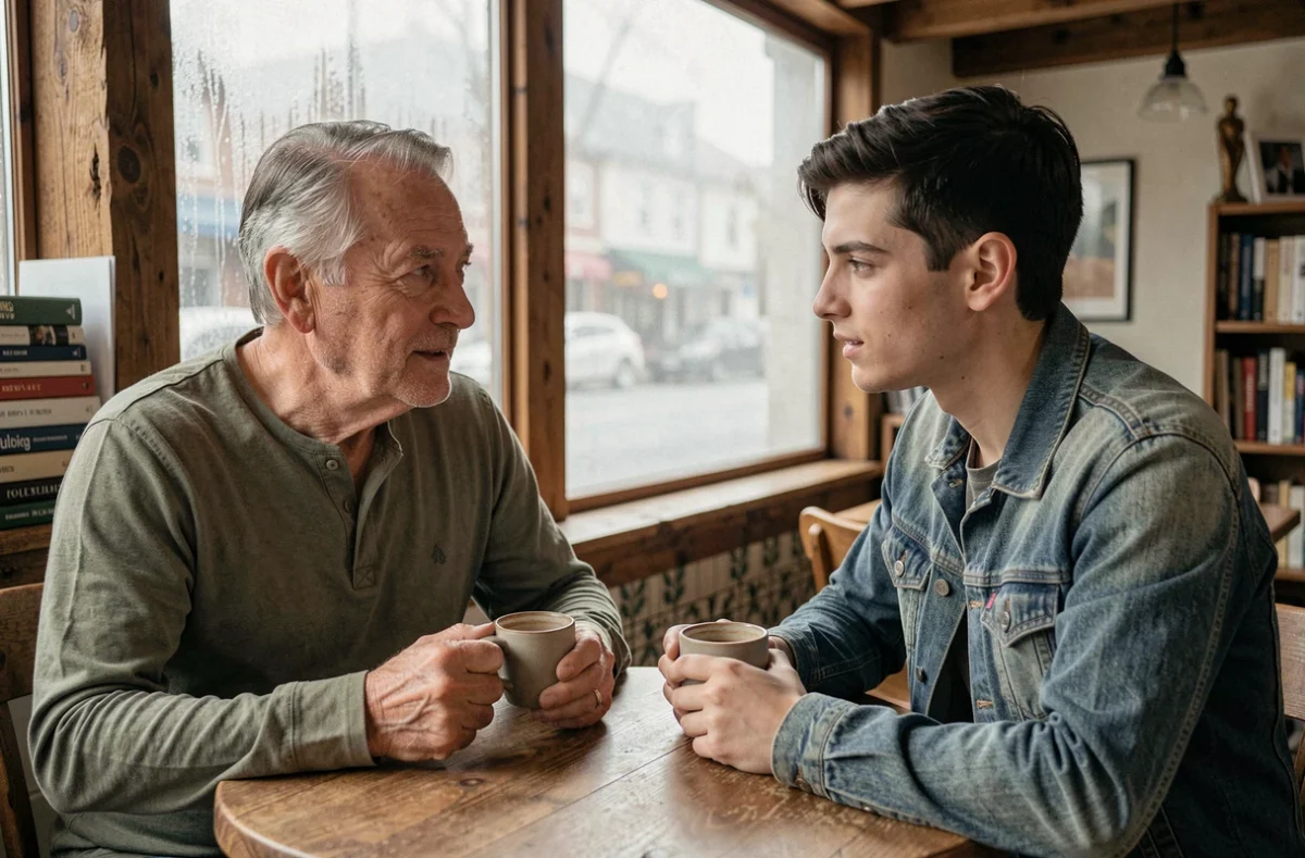 Homme plus âgé jouant un rôle de figure paternelle lors d'une conversation sincère dans un café avec un jeune adulte
