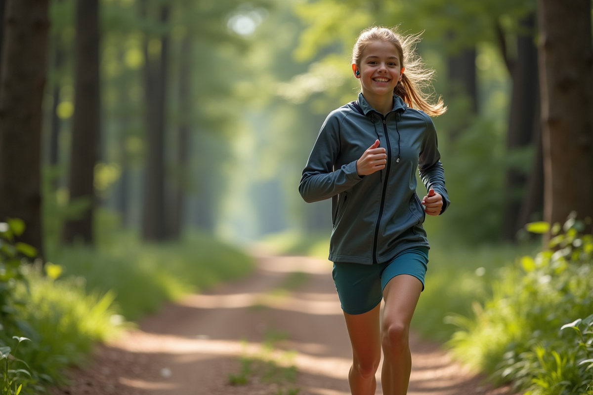 Fille de 16 ans court en forêt avec écouteurs
