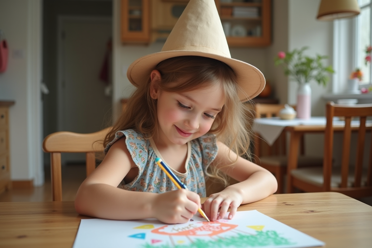 Jeune fille dessinant une carte colorée à la maison
