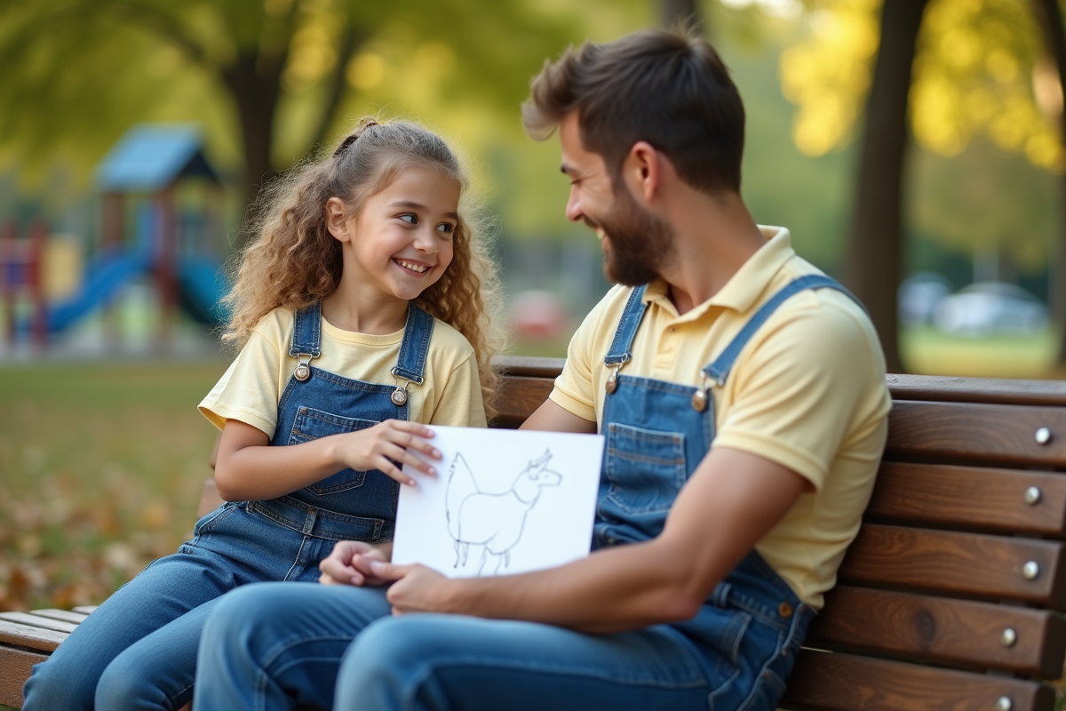 Fille offrant un dessin à son père dans un parc en plein air