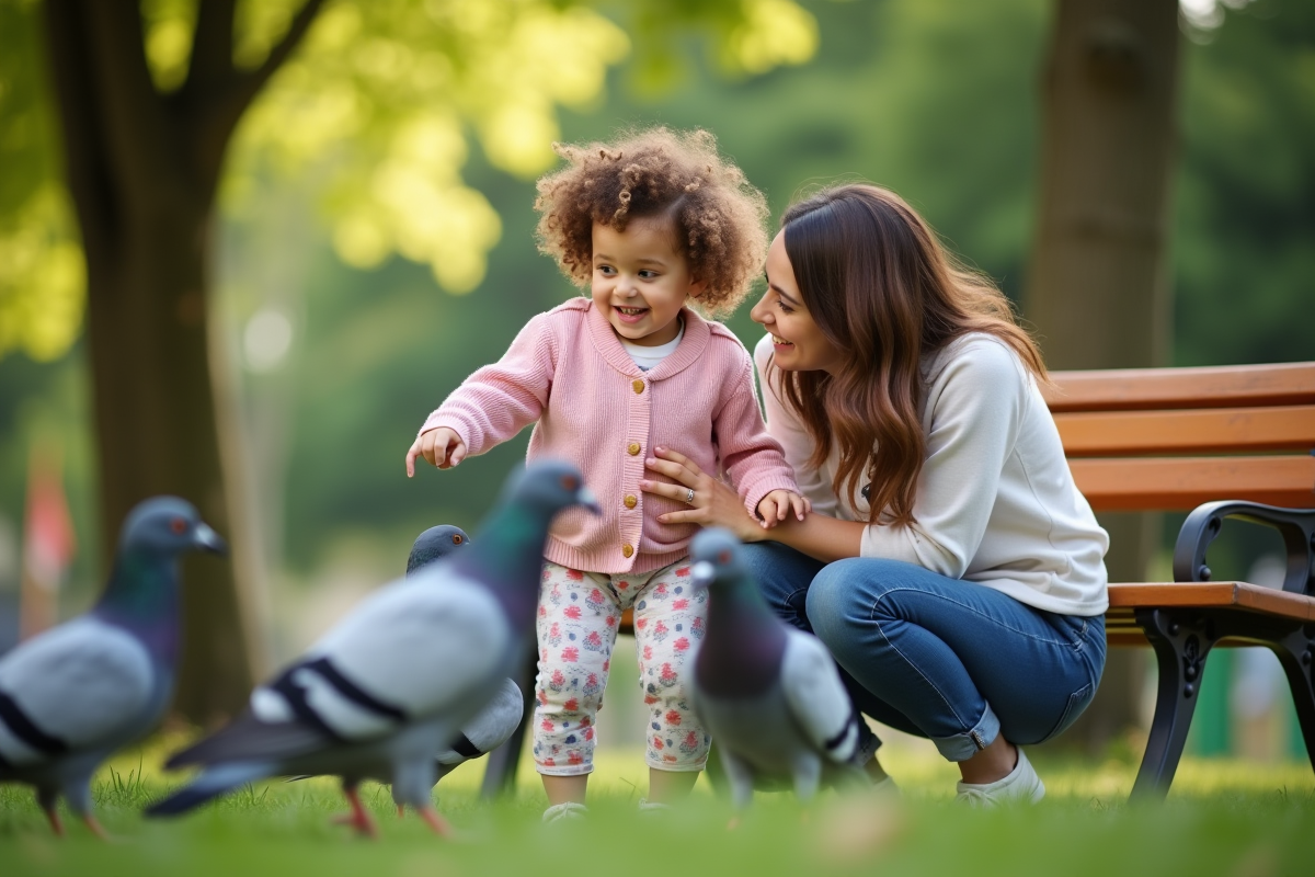 Fille de 18 mois souriante pointant des pigeons avec sa mère dans un parc