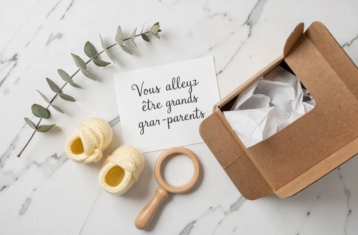 Flat lay d'un cadeau annonce grossesse avec chaussons bébé, carte manuscrite et boîte kraft sur marbre blanc