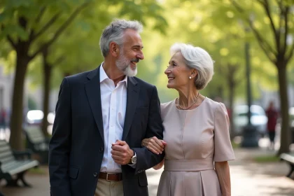 Frédéric Lopez avec son épouse dans un parc parisien au printemps